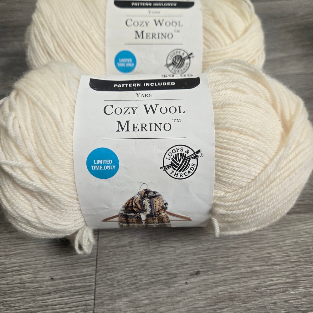 Loops & Threads Cream Cozy Wool Merino Yarn 5.3oz Light 3 Superwash Blend 2 Pack